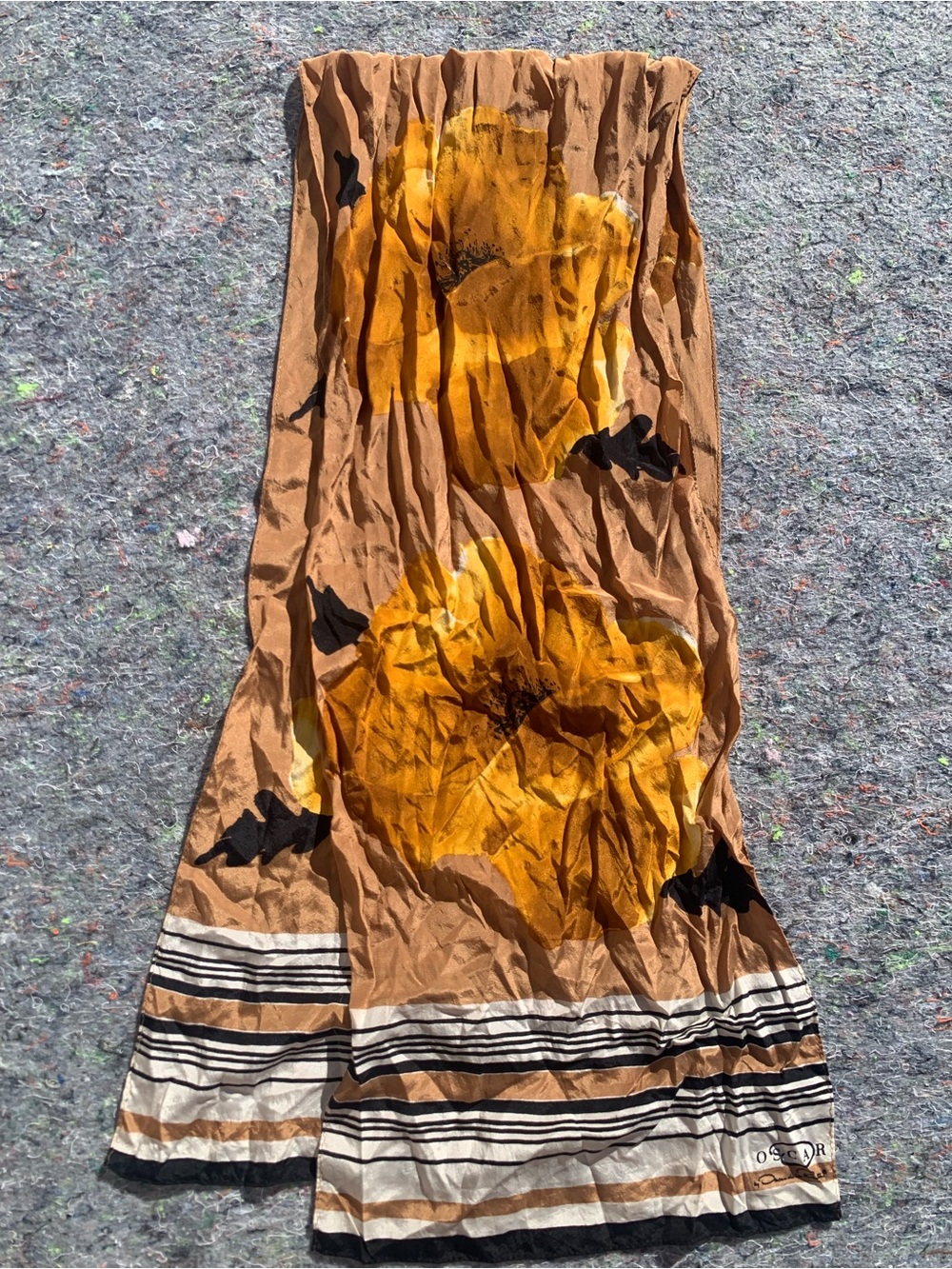 Vintage Oscar de la Renta brown & amber neutral floral and striped neck scarf